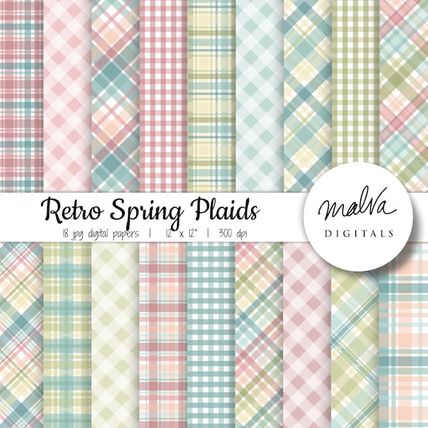 Spring plaids digital paper pack, retro plaids digital background, vintage spring gingham, retro colors, Easter gingham printable papers