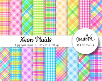 Neon plaids digital paper pack, bright rainbow plaids background, spring gingham, neon rainbow colors, colorful gingham printable papers