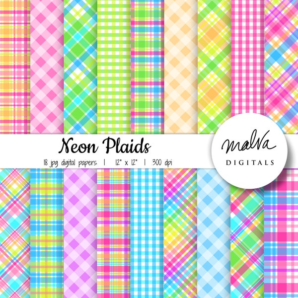 Neon plaids digital paper pack, bright rainbow plaids background, spring gingham, neon rainbow colors, colorful gingham printable papers