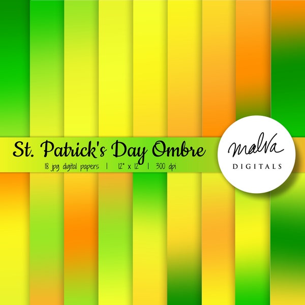 St Patricks Day ombre digital paper pack, shades of green yellow orange digital background, saint patricks day bright neon gradient backdrop