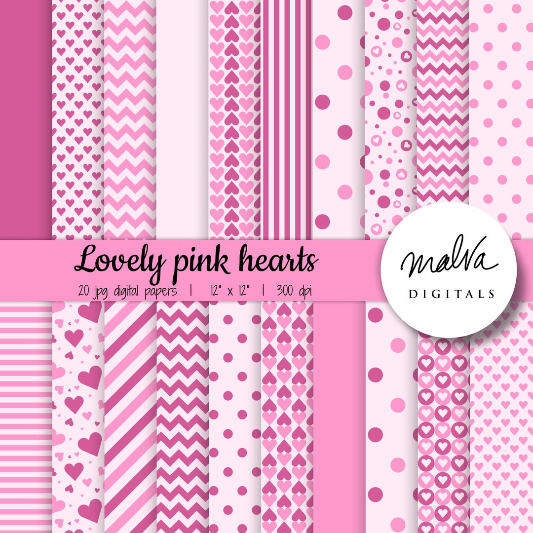Pink Hearts Digital Paper Pack, Light Pink and Dark Pink Papers ...