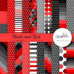 Black and Red digital paper pack, black red digital background, digital geometric patterns, shades of red and black printable paper, stripes