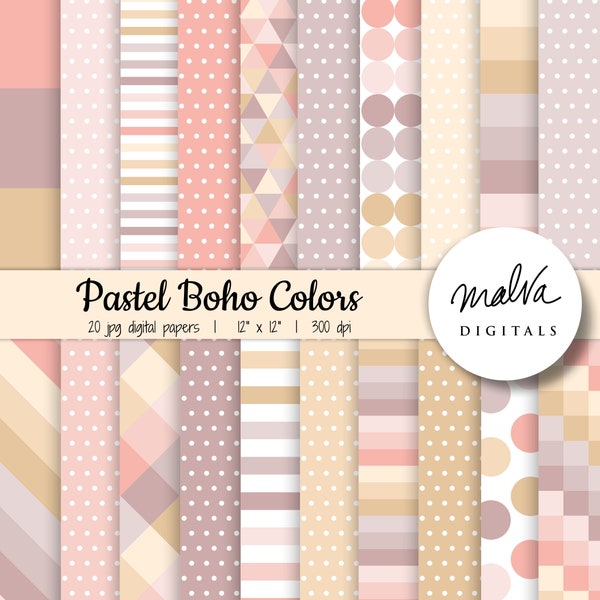 Pastel boho digital paper pack, soft bohemian tones geometric patterns, boho digital background, sweet boho girl digital scrapbook paper