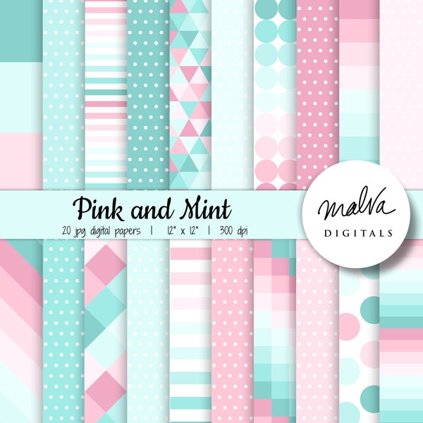 Valentine's Day digital paper pack, pink and mint digital scrapbook paper, pastel geometric patterns digital background, soft pink papers