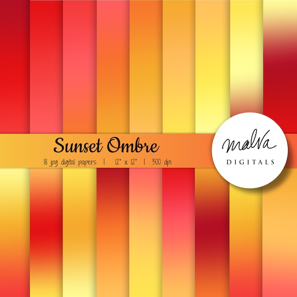 Sunset ombre digital paper pack, shades of orange digital background, red orange gradient backdrop, summer digital papers, sunset wallpaper