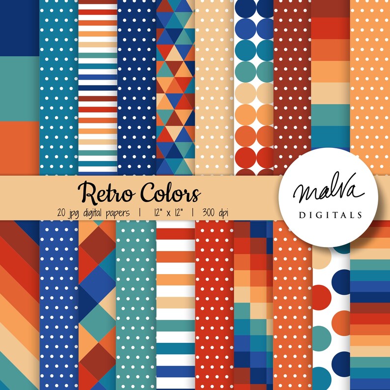 May include: A set of 20 digital papers featuring retro patterns in shades of blue, orange, red, and white. The patterns include polka dots, stripes, geometric shapes, and circles. The papers are 12 inches by 12 inches and 300 dpi.