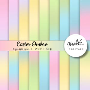 Puede incluir: Conjunto de 18 papeles digitales con degradados de color degradado en colores pastel, incluyendo rosa, amarillo, azul y verde. Los papeles son de 30,5 cm por 30,5 cm y 300 dpi. El texto "Easter Ombre" y "malva DIGITALS" est&aacute; incluido en la imagen.