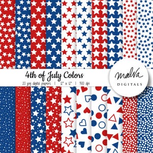 4th of July digital paper pack, Independence Day scrapbook printable paper, patriotic digital background, red white blue patterns paper