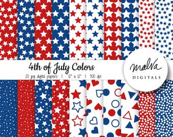4th of July digital paper pack, Independence Day scrapbook printable paper, patriotic digital background, red white blue patterns paper
