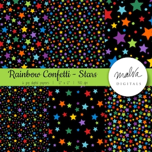 Confetti Stars digital paper pack, black background, colorful rainbow confetti, rainbow paper, birthday party, stars, printable scrapbook