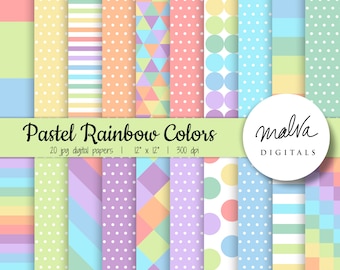 Pastel Rainbow Colors digital paper pack, commercial use, scrapbook paper, digital background, digital download, pretty rainbow paper