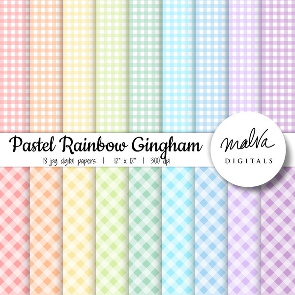 Pastel Rainbow Gingham digital paper pack, pastel plaid digital background, printable gingham digital scrapbook paper, soft rainbow colors