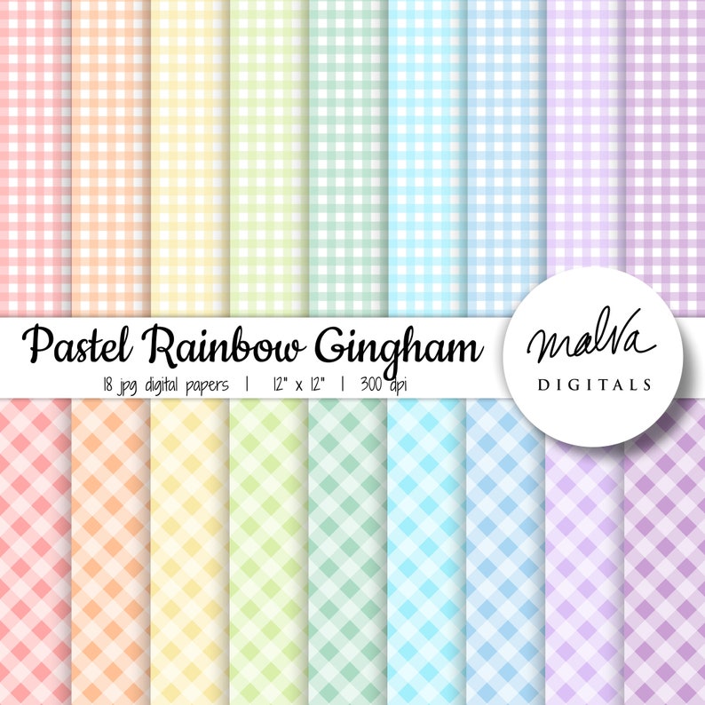 Pastel Rainbow Gingham Digital Paper Pack, pastell kariertes digitales Hintergrund, druckbares Vichy kariertes digitales Scrapbook Papier, weiche Regenbogenfarben Bild 1