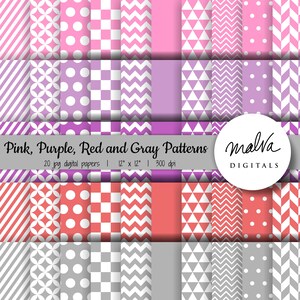 Pink, purple, red and gray patterns digital papers, scrapbook papers, scrapbooking, chevron, stripes, birthday party, instant download