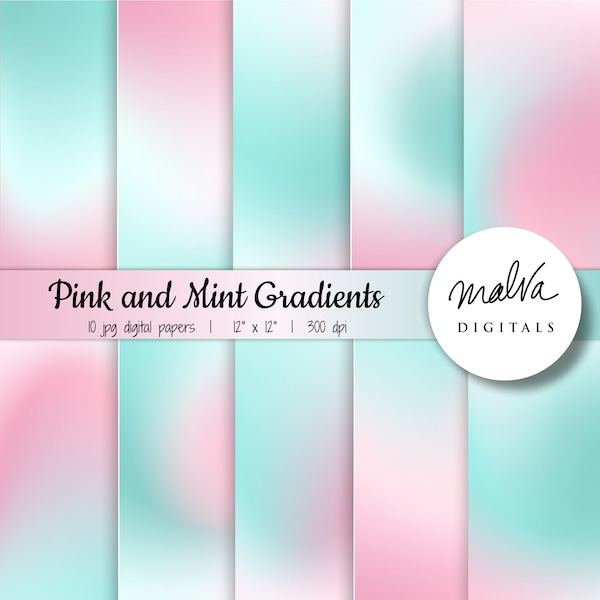 Pastel Pink and Mint Gradient digital paper pack, pastel ombre digital background, Valentine's Day ombre paper, ombre background, romantic