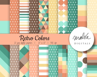 Retro patterns digital paper pack, vintage colors geometric patterns, digital scrapbook paper, 80s digital background, summer pastel colors