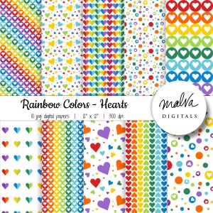 Pakiet papieru cyfrowego Rainbow Hearts, papier cyfrowy w kolorach tęczy, papier do scrapbookingu, scrapbooking, papier kolorowy, natychmiastowe pobieranie