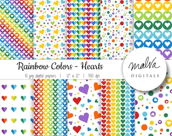 Rainbow Hearts digital paper pack, Rainbow colors digital paper, scrapbook paper, scrapbooking, colorful papers, instant download