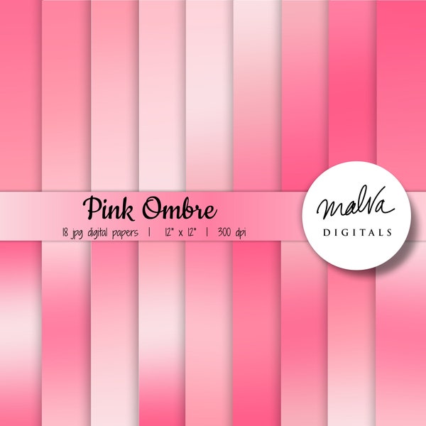 Pink ombre digital paper pack, shades of pink digital background, pink gradients backdrop, baby girl digital papers, baby shower backdrop