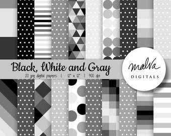 Black White Gray digital paper pack, scrapbook paper,digital background,black and white geometric patterns, shades of gray, instant download