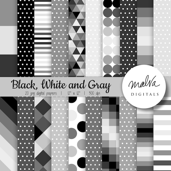 Black White Gray digital paper pack, scrapbook paper,digital background,black and white geometric patterns, shades of gray, instant download