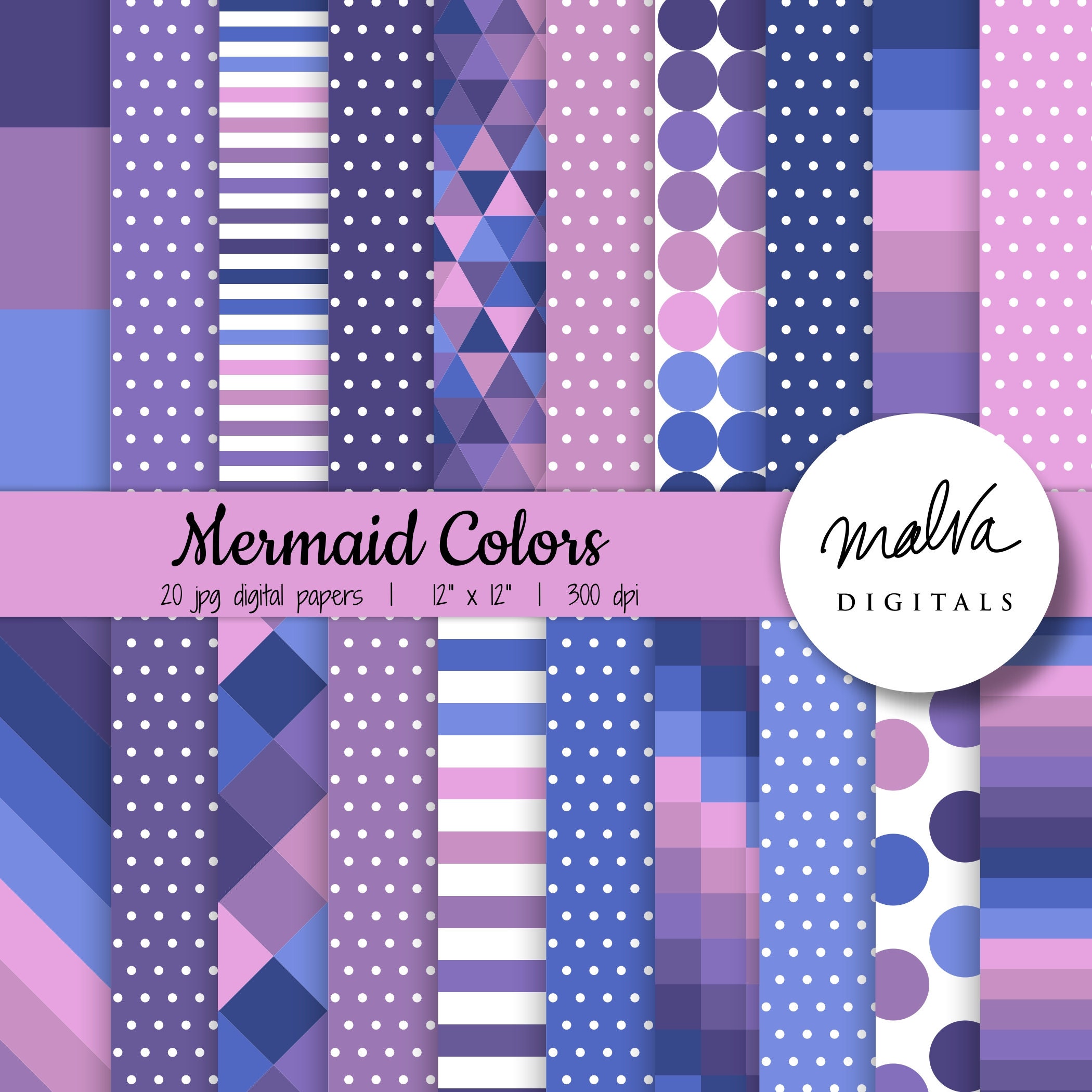 Mermaid Colors Digital Paper Pack, Bright Geometric Patterns, Purple ...