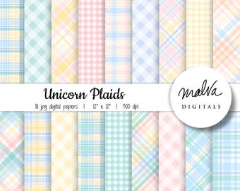 Pastel plaids digital paper pack, spring plaids digital background, pastel gingham, pastel unicorn colors, colorful gingham printable papers