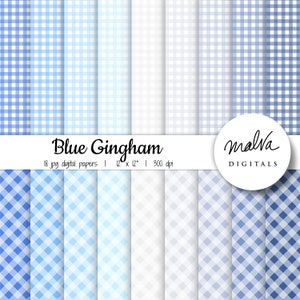 Pacchetto di carta digitale Blue Gingham, sfumature di sfondo digitale plaid blu, carta scrapbook digitale stampabile a quadretti, plaid blu pastello
