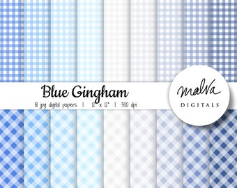 Blue Gingham digital paper pack, shades of blue plaid digital background, printable gingham digital scrapbook paper, pastel blue plaids