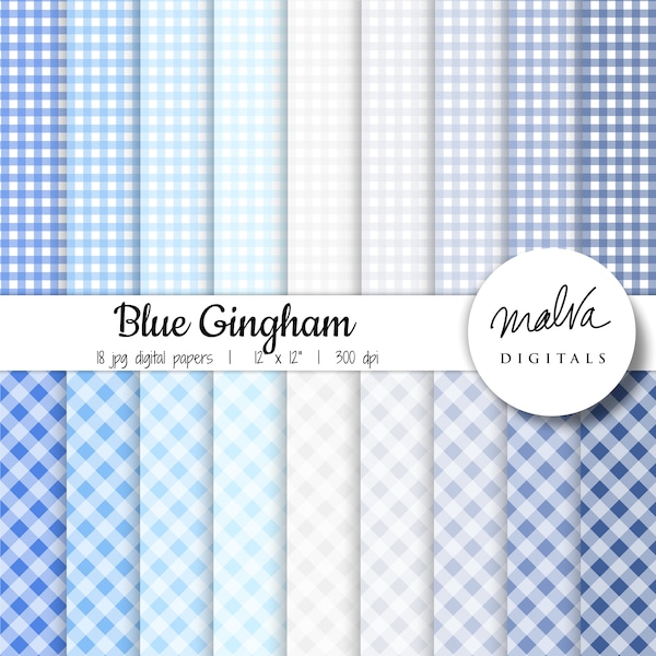 Blue Gingham digital paper pack, shades of blue plaid digital background, printable gingham digital scrapbook paper, pastel blue plaids