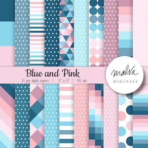 Pastel Colors digital paper pack, blue and pink digital paper, digital background, boy or girl papers, instant download, navy blue rose pink