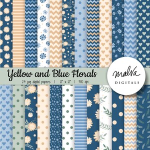Yellow and Blue Floral digital paper, commercial use, scrapbook paper, scrapbooking papers, background flowers, florals, instant download