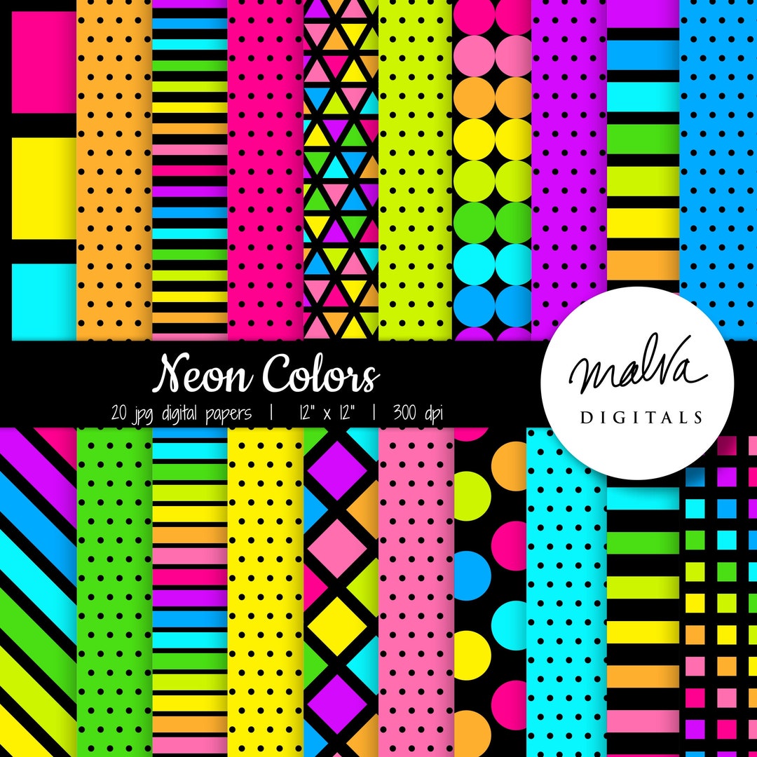 Neon Colors Digital Paper Pack, Bright Colors With Black Background