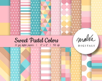 Paquete de papel digital pastel, pasteles dulces, papel para álbum de recortes de color rosa, verde azulado, amarillo y marrón, fondo digital, descarga digital, bonitos colores de playa