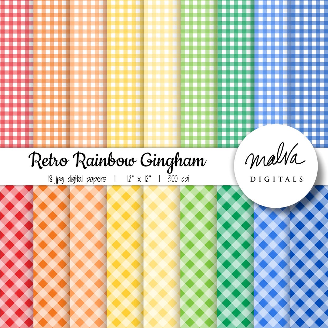Retro Rainbow Gingham Digital Paper Pack, Retro Colorful Plaid Digital ...