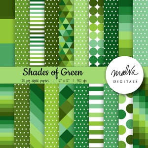 GREEN digital paper pack,shades of green, printable paper, scrapbook paper, polka dots, squares, geometric patterns, Saint Patricks Day