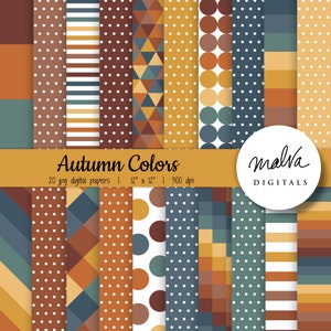 May include: A set of 20 digital papers featuring autumnal colors and geometric patterns. The patterns include stripes, polka dots, squares, and triangles in shades of brown, orange, yellow, blue, and white. The papers are 12 inches by 12 inches and 300 dpi.
