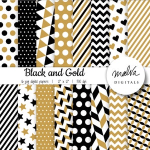 Black and Gold digital paper pack, digital scrapbook paper, black and gold geometric patterns, printable holiday paper, instant download