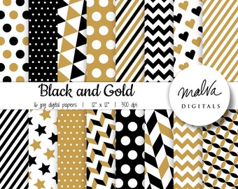 Schwarzes und Goldenes digitales Papierpaket, digitales Scrapbook papier, geometrische Muster in schwarz und gold, druckbares Urlaubspapier, direkter Download