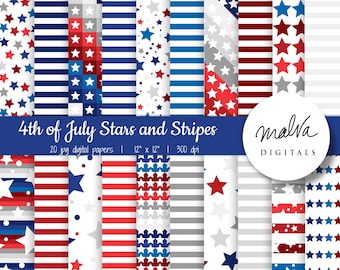4th of July digital paper pack, red white blue stars and stripes, patriotic digital scrapbook paper, independence day digital background
