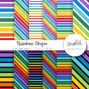 Pacchetto di carta digitale Rainbow Stripes, sfondo digitale con motivi arcobaleno, carta per album, carta arcobaleno, carta da parati arcobaleno, strisce bianche