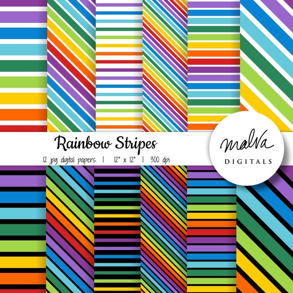 Rainbow Stripes digital paper pack, rainbow patterns digital background, scrapbook paper, rainbow paper, rainbow wallpaper, white stripes