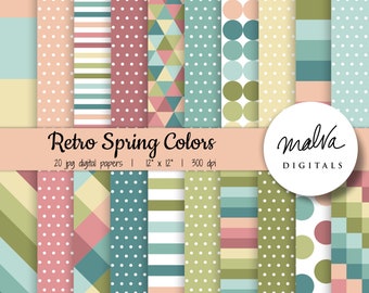 Paquete de papel digital Retro Spring Colors, papel de álbum de recortes digital de primavera, patrones geométricos, papeles de Pascua imprimibles, decoración de primavera vintage
