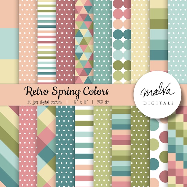 Retro Spring Colors digital paper pack, spring digital scrapbook paper, geometric patterns, printable easter papers, vintage spring decor