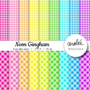 Könnte beinhalten: 18 digitale Papiere mit Neon-Gingham-Mustern in verschiedenen Farben, darunter Pink, Orange, Gelb, Grün, Blau und Lila. Jedes Papier ist 30,5 cm x 30,5 cm groß und hat eine Auflösung von 300 dpi. Der Text "Neon Gingham" und "Malva Digitals" ist im Bild enthalten.