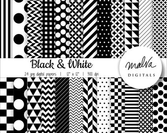 Black and white digital paper pack, black white digital scrapbook paper, geometric patterns, chevron, polka dots, stripes, instant download