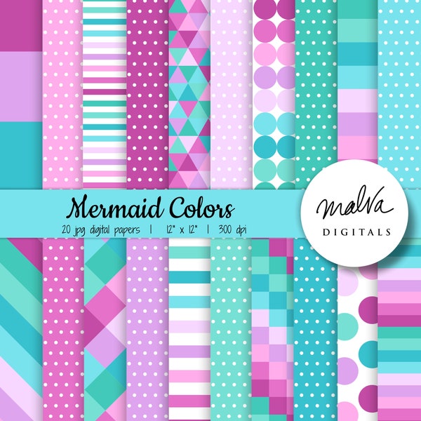 Mermaid colors digital paper pack, bright geometric patterns, purple pink teal turquoise mermaid birthday party decor background, download