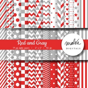 May include: A collection of 39 digital papers in red, gray, and white, each with a unique pattern. Designs include stripes, polka dots, geometric shapes, and hearts. The papers are 12 x 12 inches and 300 dpi.