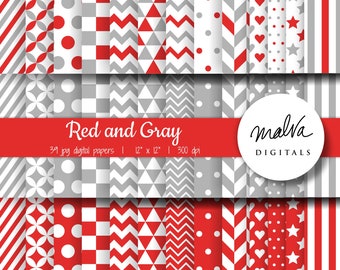 Red and Gray digital paper pack, red grey white geometric patterns, chevron digital background, red stripes, gray polka dots, red hearts