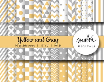 Yellow and Gray digital paper pack, scrapbook paper, grey paper, yellow paper, geometric patterns, commercial use, instant download, retro